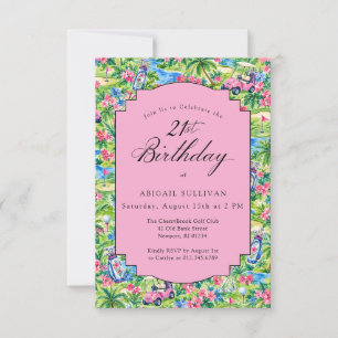 21st Birthday Pink Green Preppy Print Golf Invitation