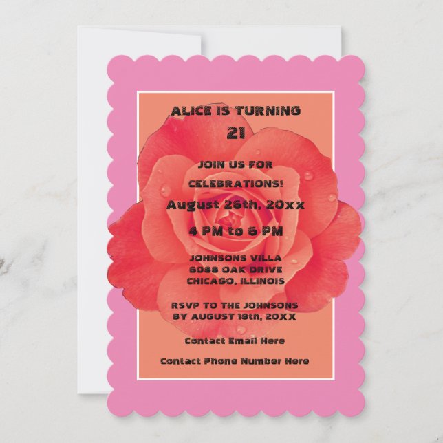 21st Birthday Pink Orange Floral Rose Modern  Invitation (Front)