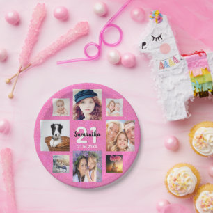 21st birthday pink photo collage glitter paper plates