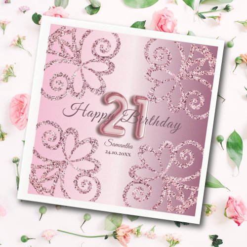 21st Birthday Pink Princess Glitter Balloon Script Napkins