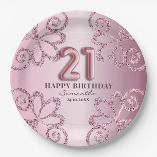 21st Birthday Pink Princess Glitter Balloon Script Paper Plates