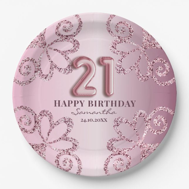 21st Birthday Pink Princess Glitter Balloon Script Paper Plates (Front)