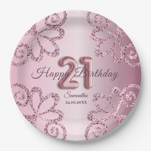 21st Birthday Pink Princess Glitter Balloon Script Paper Plates