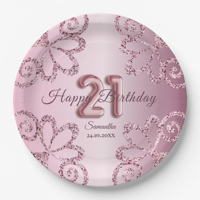 21st Birthday Pink Princess Glitter Balloon Script Paper Plates (Front)