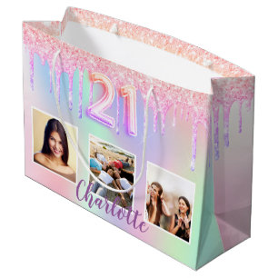 21st birthday pink purple drips photo holographic large gift bag
