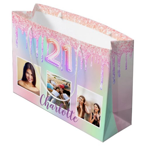 21st birthday pink purple drips photo holographic  large gift bag