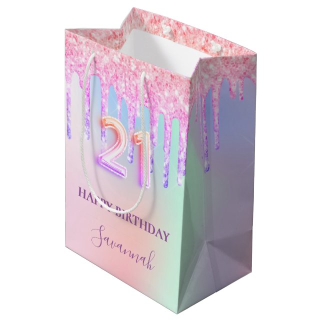 21st birthday pink purple glitter drips glamorous medium gift bag (Back Angled)