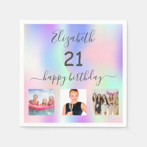 21st birthday pink purple holographic photo napkins