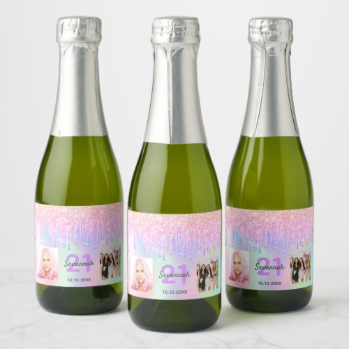 21st birthday pink purple photo name holographic sparkling wine label