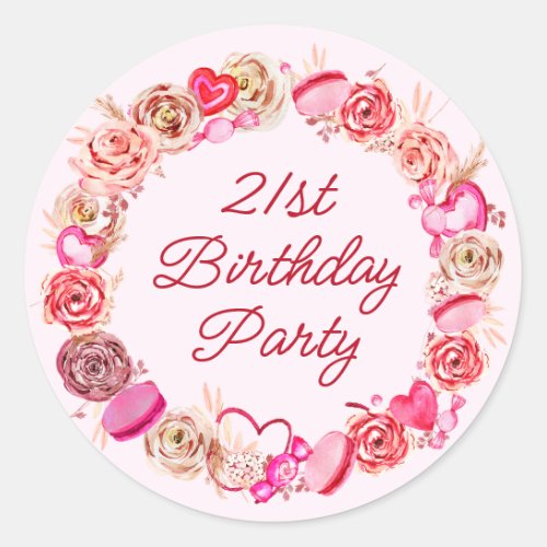21st Birthday Pink Rose Swirly Heart Envelope Classic Round Sticker