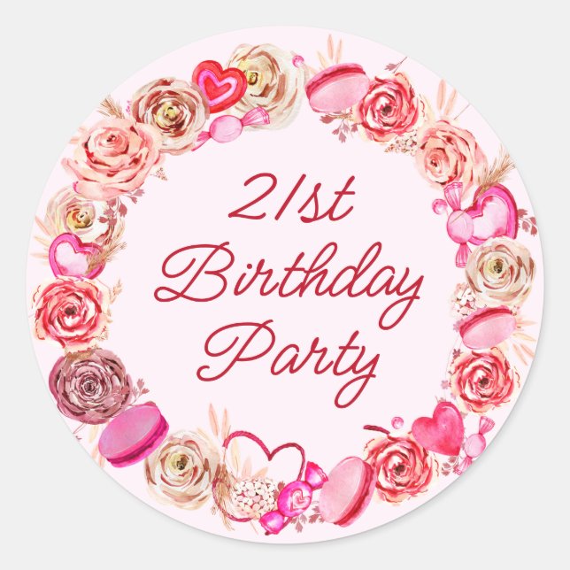 21st Birthday Pink Rose Swirly Heart Envelope Classic Round Sticker (Front)