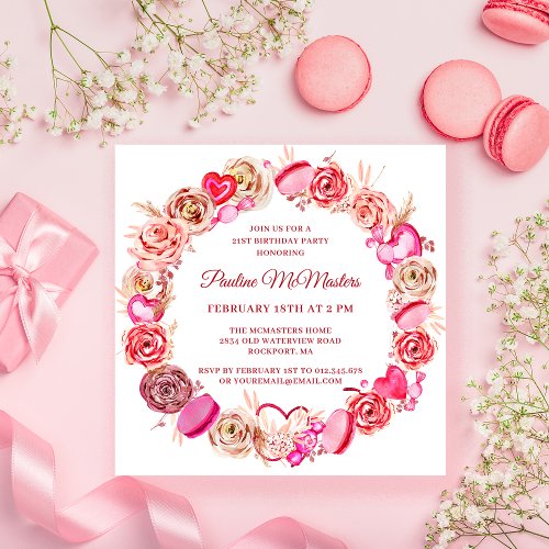 21st Birthday Pink Rose Swirly Heart Valentine Invitation