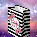 21st birthday pink roses black white stripes name medium gift bag<br><div class="desc">Classic slim black and white horizontal stripes as background. With girly, feminine and romantic pink roses as decoration. Perfect for an elegant 21st birthday party for her. A white and black frame with templates for name, age and a date. Age number 21 in pink, name and date in black. The...</div>