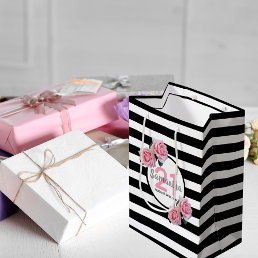 21st birthday pink roses black white stripes name small gift bag