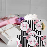 21st birthday pink roses black white stripes Paris Wrapping Paper<br><div class="desc">Classic slim black and white vertical stripes as background. With girly, feminine and romantic pink roses as decoration. Perfect for an elegant 21st birthday party for her. White and black frames with templates for name and age. Age number 21 in pink, name in black. The name is written with a...</div>