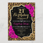 21st Birthday - Pink Roses Leopard Print Invitation<br><div class="desc">21st Birthday Invitation.
Elegant pink black design with faux glitter gold. Features leopard cheetah animal print,  script font and hot pink roses. Perfect for an elegant birthday party. Can be personalized into any year! Message me if you need further customization.</div>