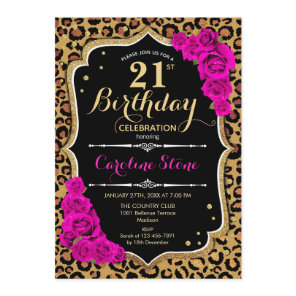 21st Birthday - Pink Roses Leopard Print Invitation