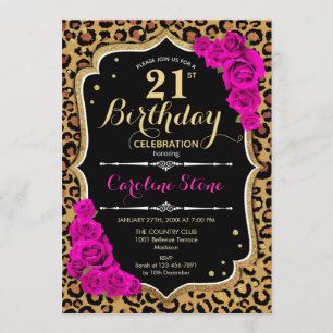 21st Birthday - Pink Roses Leopard Print Invitation