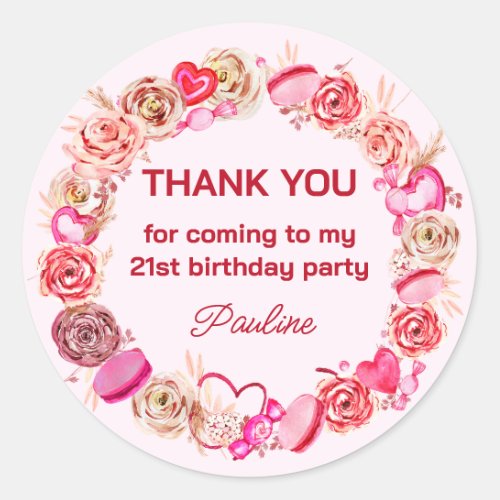 21st Birthday Pink Roses Swirly Heart  Classic Round Sticker