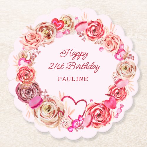 21st Birthday Pink Roses Swirly Heart Paper Coaster