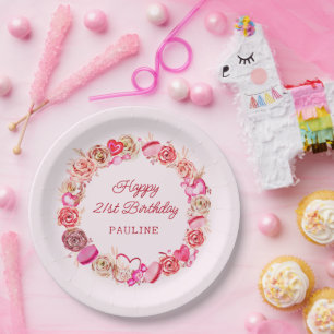 21st Birthday Pink Roses Swirly Heart Paper Plates