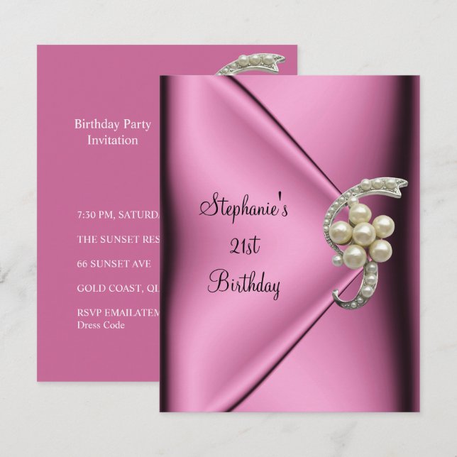 21st Birthday Pink Silk Pearl Jewel Lady Girl Invitation (Front/Back)