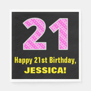 21st Birthday: Pink Stripes and Hearts "21" + Name Napkins
