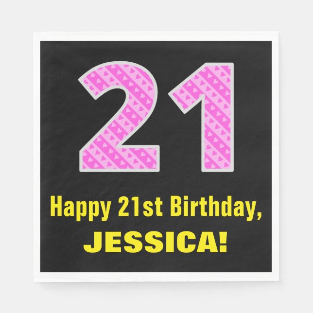 21st Birthday: Pink Stripes and Hearts "21" + Name Napkins (Front)