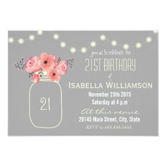 21st Birthday Pink Watercolor Flowers & Mason Jar Card