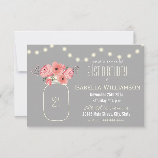 21st Birthday Pink Watercolor Flowers & Mason Jar Invitation (Front)