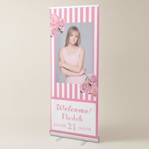 21st birthday pink white stripes floral photo retractable banner