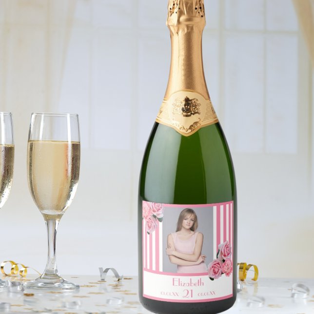 21st birthday pink white stripes floral photo sparkling wine label (Creator Uploaded)
