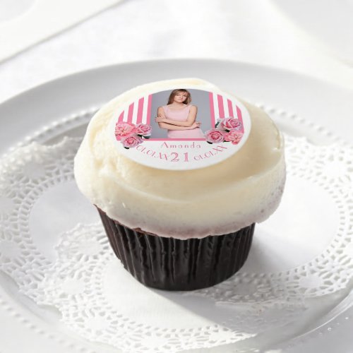 21st birthday pink white stripes florals photo edible frosting rounds