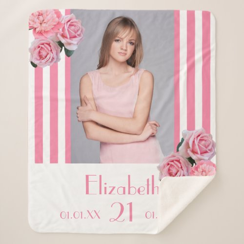 21st birthday pink white stripes flower photo name sherpa blanket