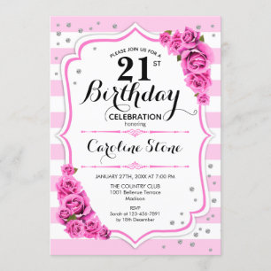 21st Birthday - Pink White Stripes Roses Invitation