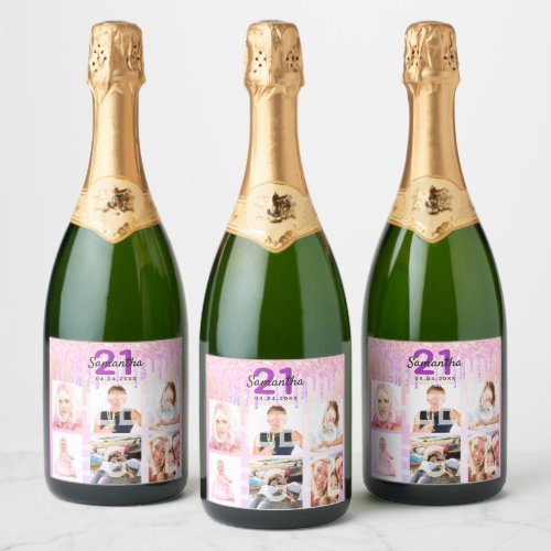 21st birthday pinkmrose gold photo glitter name sparkling wine label