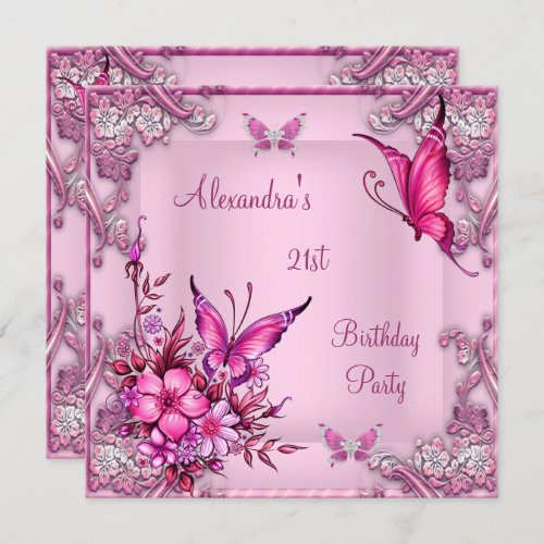 21st Birthday Pretty Pink Floral Butterfly Silver Invitation