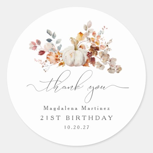 21st Birthday Pumpkin Fall Flower Thank You Classic Round Sticker