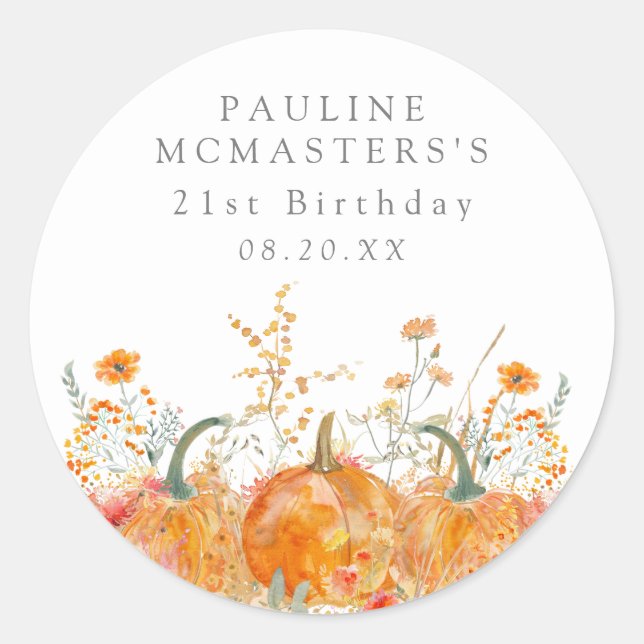 21st Birthday Pumpkin Wildflower Custom Favor Classic Round Sticker (Front)