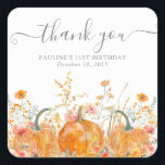 21st Birthday Pumpkin Wildflower Custom Thank You Square Sticker<br><div class="desc">Fall pumpkins are nestled in delicate golden yellow and orange wildflowers to create an elegant aesthetic. All of the text is editable so you can easily craft your own special mood.</div>