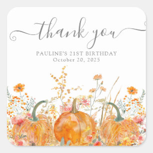 21st Birthday Pumpkin Wildflower Custom Thank You Square Sticker
