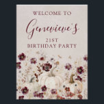 21st Birthday Pumpkin Wildflower Welcome Sign<br><div class="desc">Elegant white watercolor pumpkins are nestled in delicate burgundy red wildflowers to create an elegant aesthetic. All of the text is editable so you can easily craft your own special mood. Available in digital or paper format.</div>