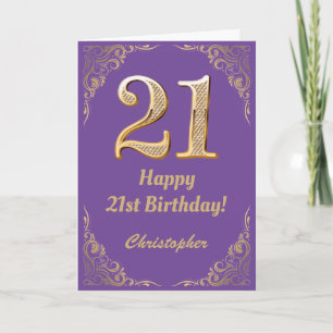 21st Birthday Purple and Gold Glitter Frame Card