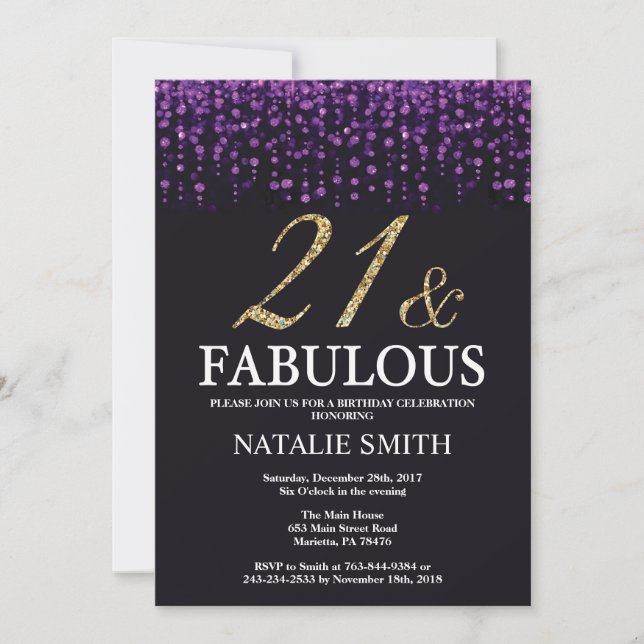 21st Birthday Purple and Gold Glitter Invitation (Front)