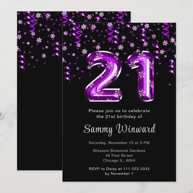 21st Birthday Purple Balloons Snowflake Confetti Invitation (Front/Back)