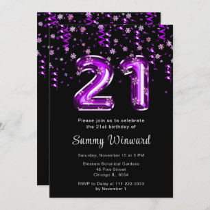 21st Birthday Purple Balloons Snowflake Confetti Invitation
