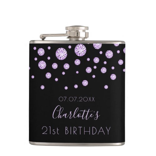 21st birthday purple black diamonds name flask