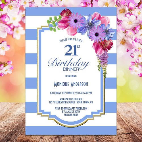 21st Birthday Purple Floral Dinner Party Invitation