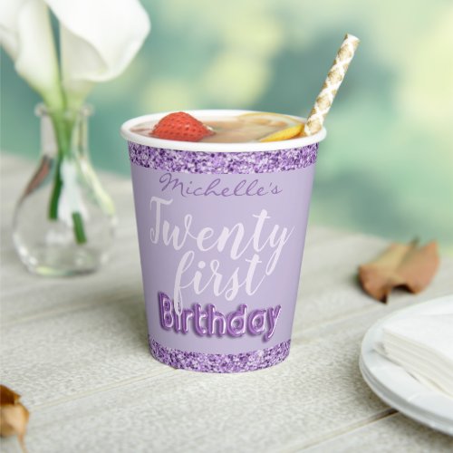 21st Birthday Purple Glitter Balloon Type Paper Cups