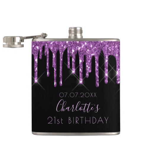 21st birthday purple glitter drips black monogram flask